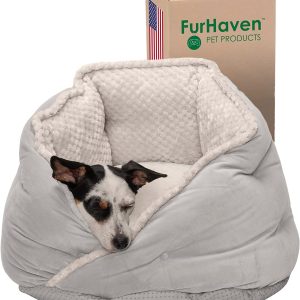 Furhaven 18″ Round Teacup (Small) Dog Bed Minky Plush & Velvet Calming Hug Nest, Washable – Silver Gray, 18-inch