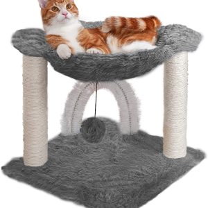 Furhaven Tiger Tough Small Cat Tree Plush Hammock Playground w/ Toys & Self-Grooming Brush – Silver, One Size