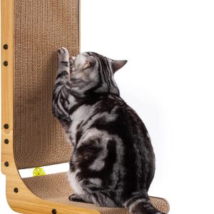 L Shape Cat Scratcher, Poils bebe Cat Scratchers for Indoor Cats, Protecting Furniture Cat Scratch Pad, Cardboard Cat Scratching with Ball Toy, Catnip, 26.8 inches, Large